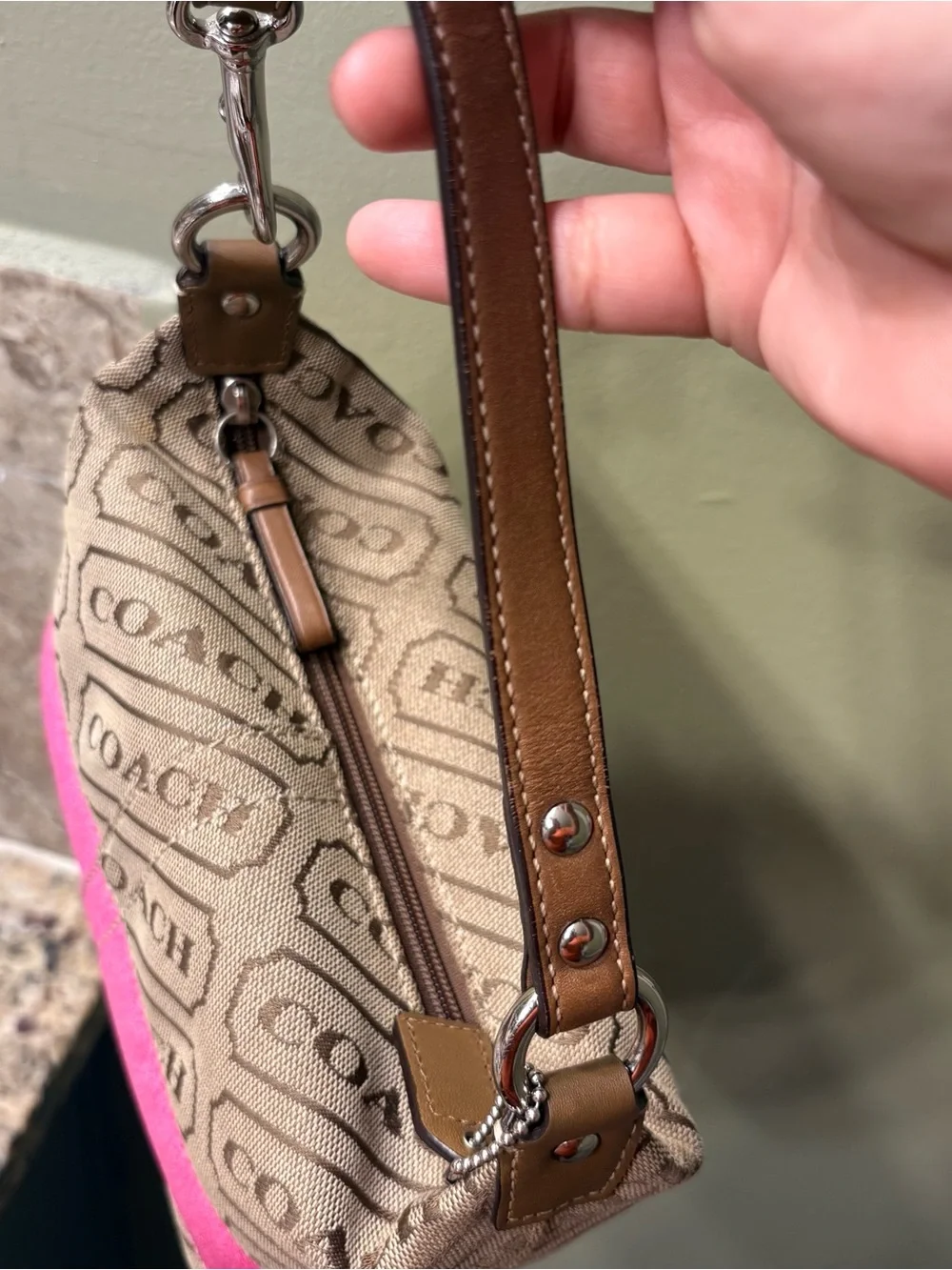 Coach Mini Shoulder Bag in Beige Canvas with Pink Trim